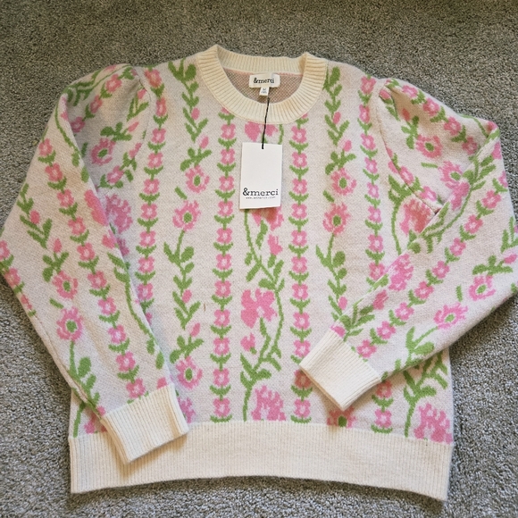 NWT &merci Chic Floral Crew Neck Sweater Pink Green, Fairy Cottagecore Spring - Picture 2 of 10